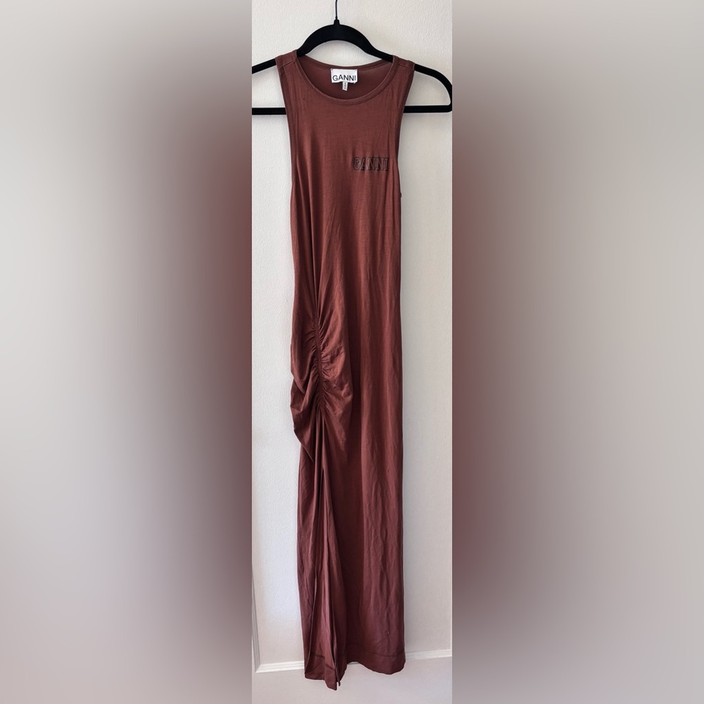 GANNI Brown Ruched Midi Dress Sleeveless Racerback Stretch Size XS